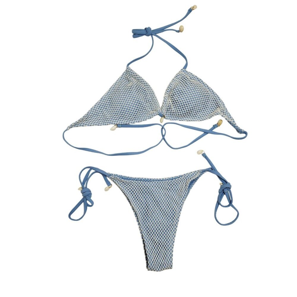 Blue & White Zaful Womens Bikini Set Size S Tie Closures Mesh Overlay Design